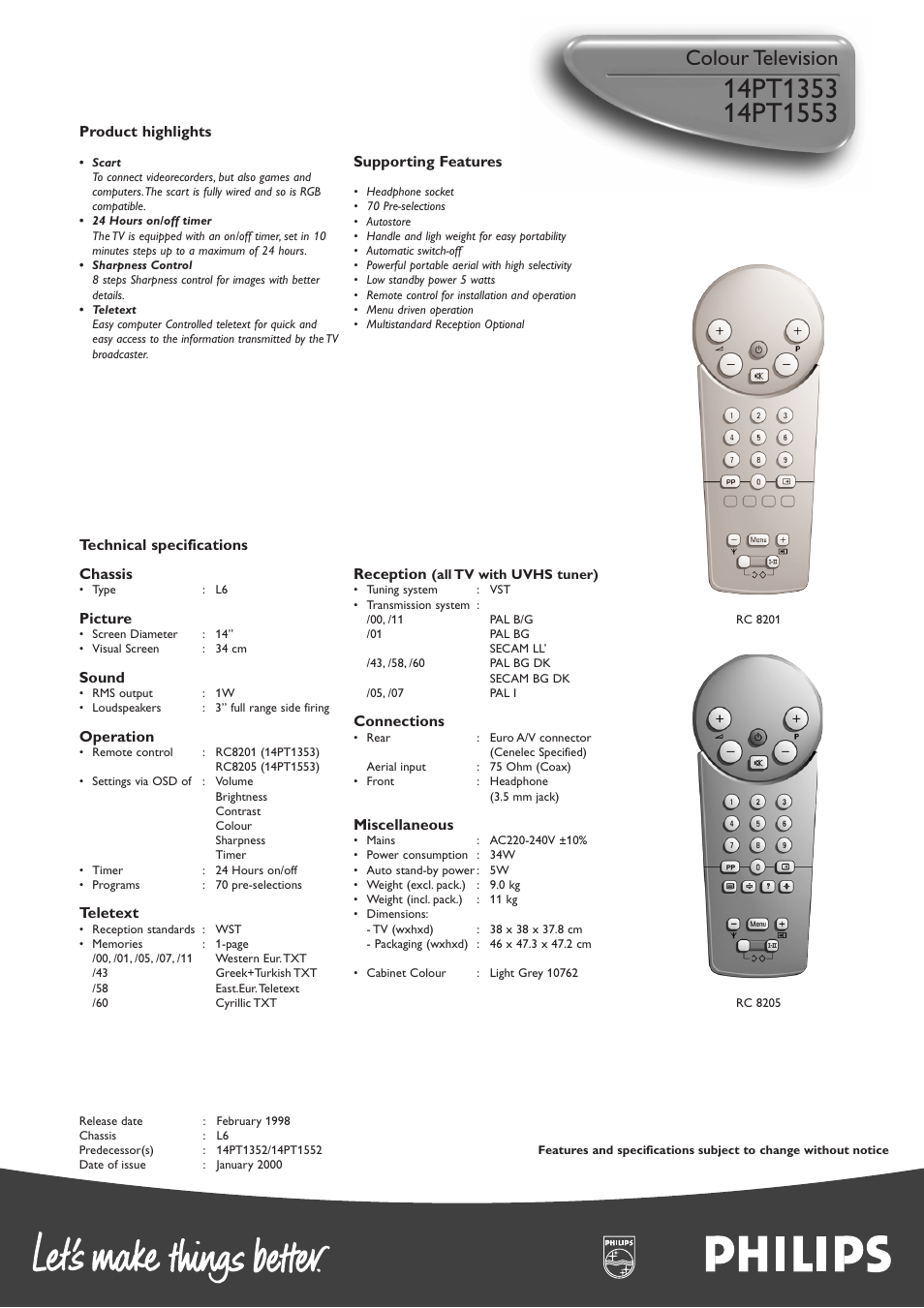 Colour television | Philips 14PT1353 User Manual | Page 2 / 2