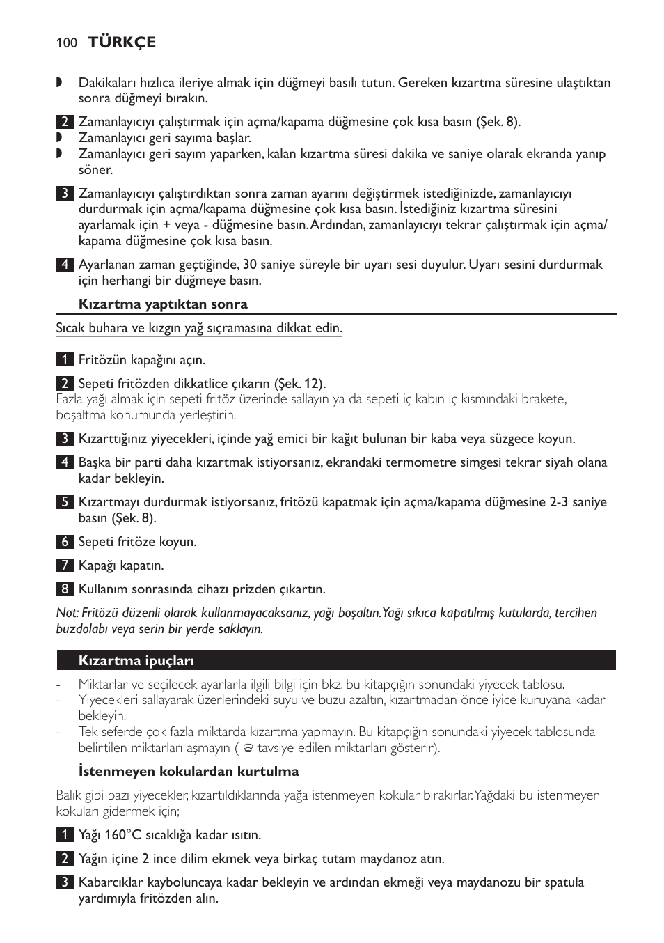 Kızartma yaptıktan sonra, Kızartma ipuçları, Istenmeyen kokulardan kurtulma | Philips HD6161 User Manual | Page 100 / 108