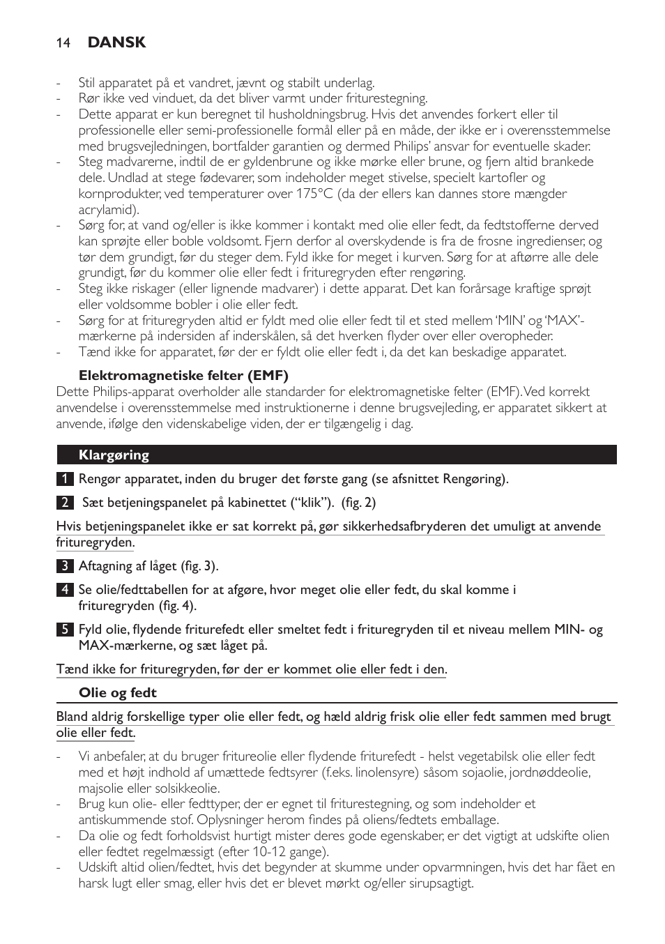 Elektromagnetiske felter (emf), Klargøring, Olie og fedt | Philips HD6161 User Manual | Page 14 / 108