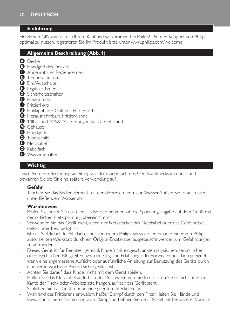 Gefahr, Warnhinweis, Deutsch | Einführung, Allgemeine beschreibung (abb. 1), Wichtig | Philips HD6161 User Manual | Page 20 / 108