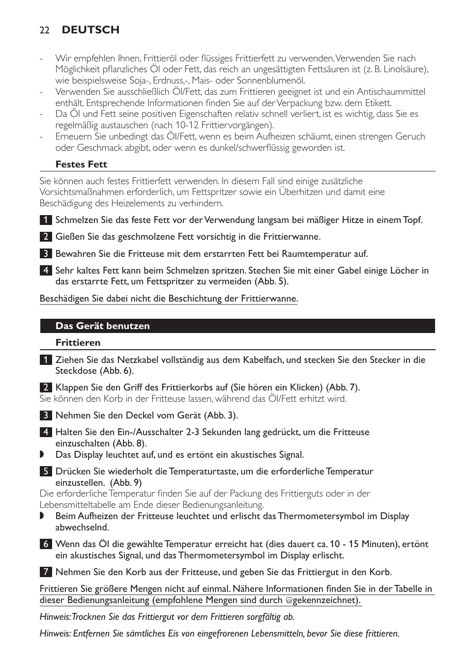 Festes fett, Das gerät benutzen, Frittieren | Philips HD6161 User Manual | Page 22 / 108