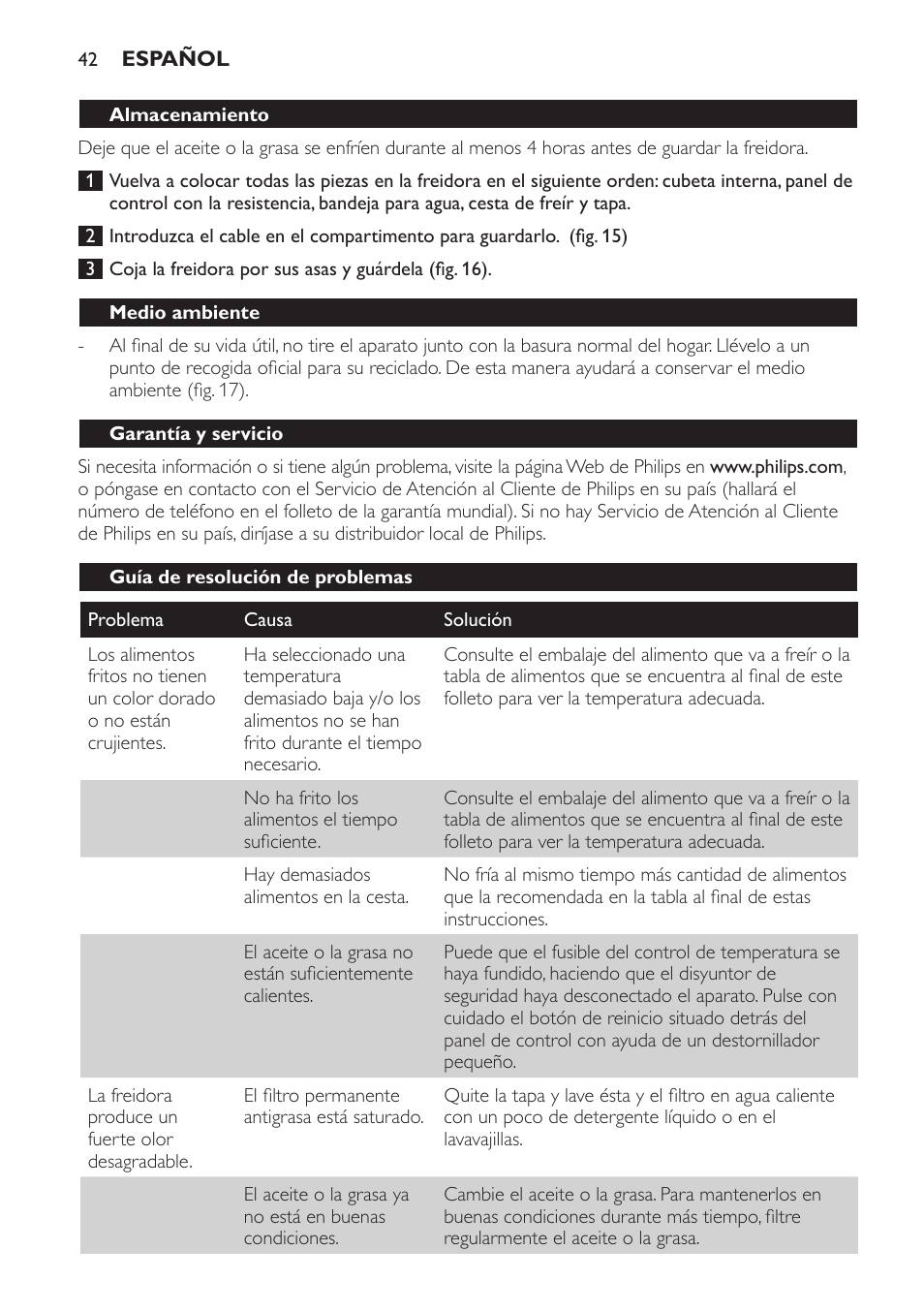 Almacenamiento, Medio ambiente, Garantía y servicio | Guía de resolución de problemas | Philips HD6161 User Manual | Page 42 / 108