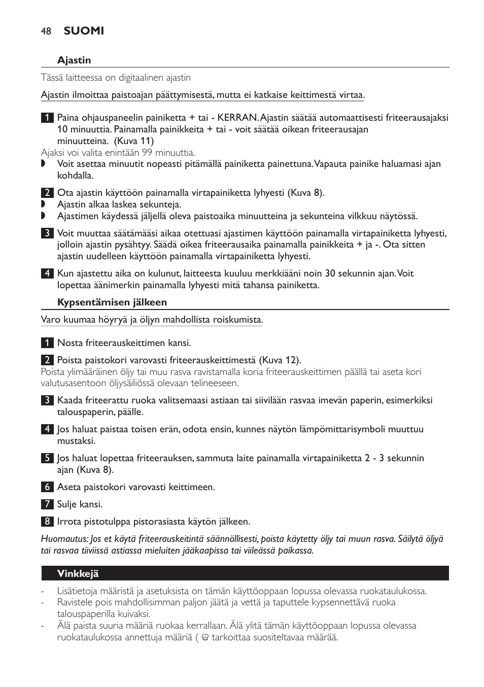 Ajastin, Kypsentämisen jälkeen, Vinkkejä | Philips HD6161 User Manual | Page 48 / 108