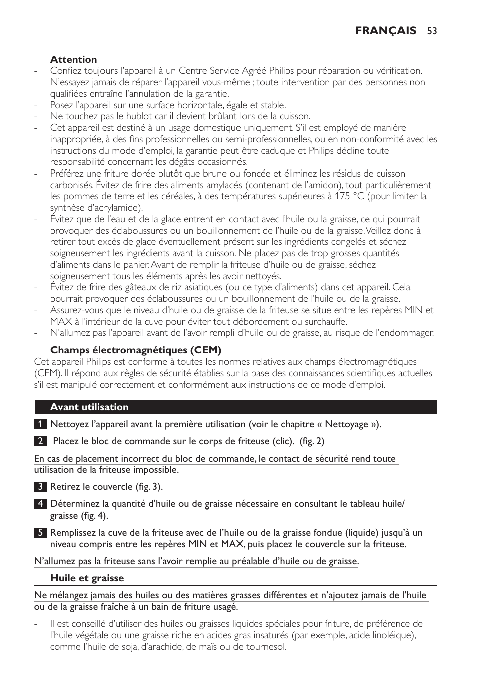 Attention, Champs électromagnétiques (cem), Avant utilisation | Huile et graisse | Philips HD6161 User Manual | Page 53 / 108