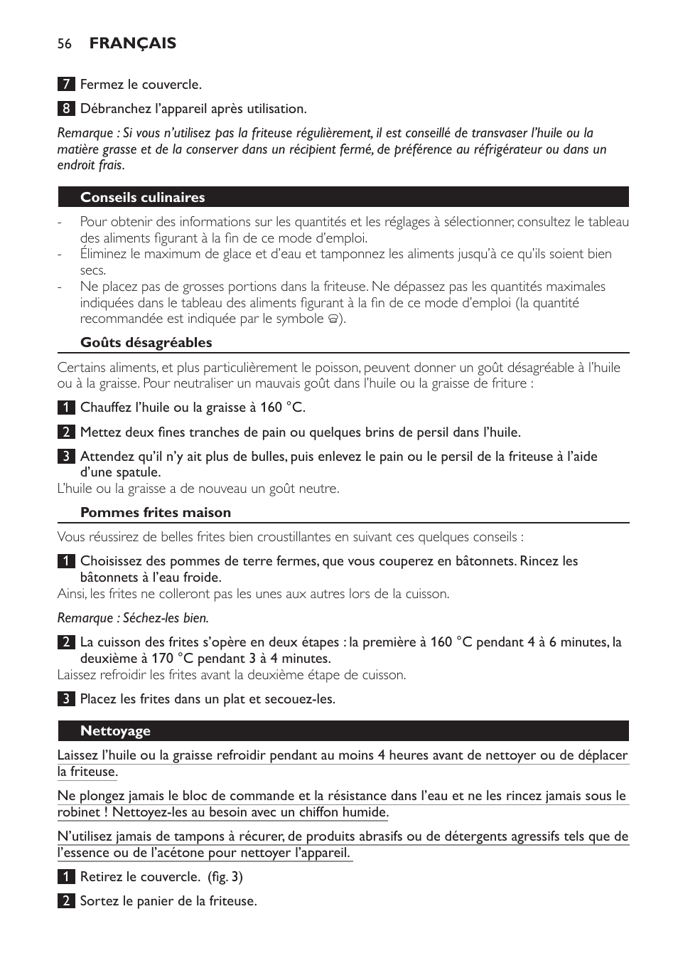 Conseils culinaires, Goûts désagréables, Pommes frites maison | Nettoyage | Philips HD6161 User Manual | Page 56 / 108