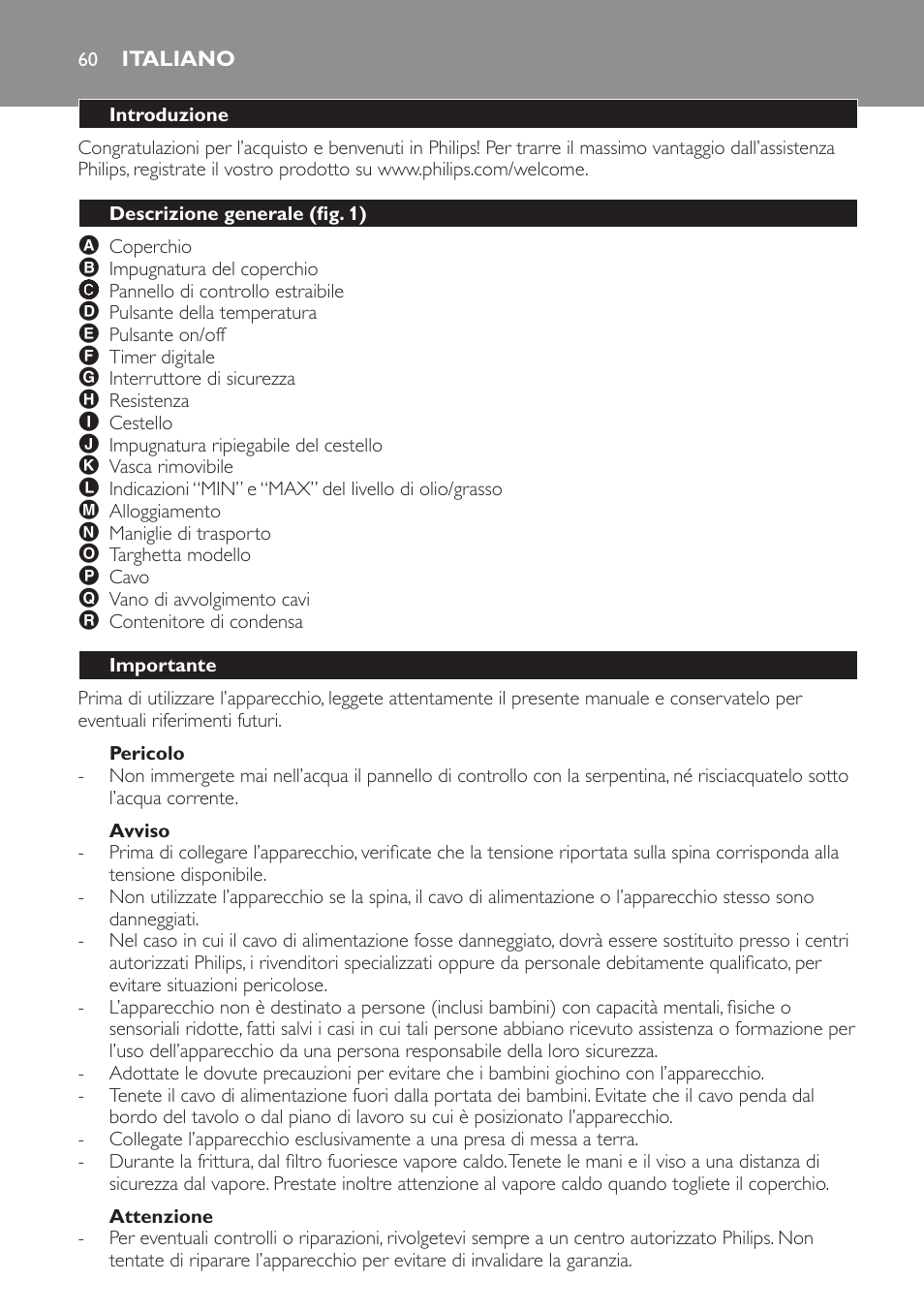 Pericolo, Avviso, Attenzione | Italiano, Introduzione, Descrizione generale (fig. 1), Importante | Philips HD6161 User Manual | Page 60 / 108