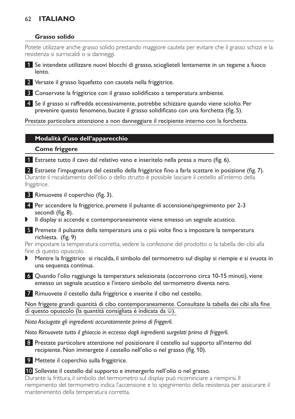 Grasso solido, Modalità d’uso dell’apparecchio, Come friggere | Philips HD6161 User Manual | Page 62 / 108