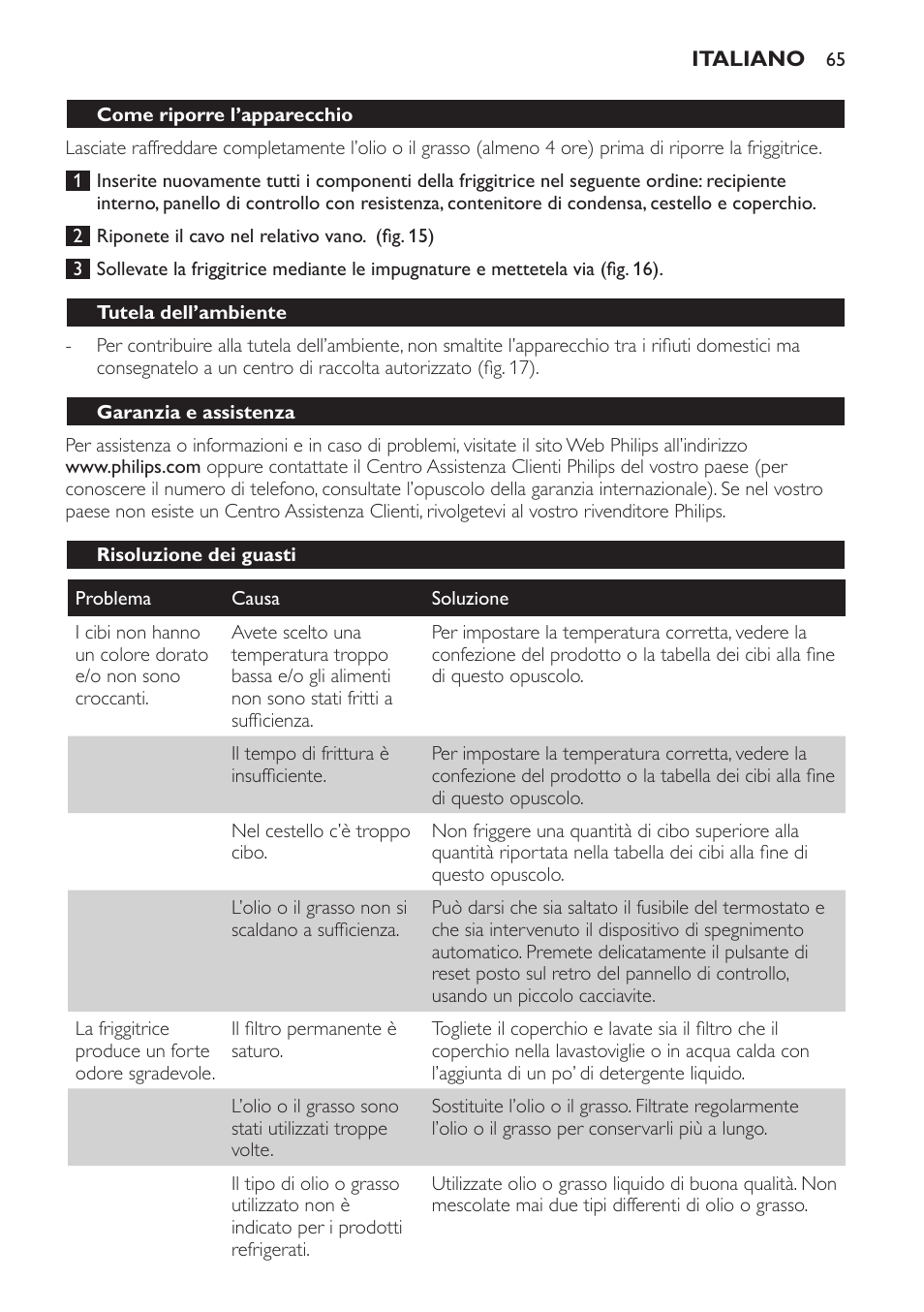 Come riporre l’apparecchio, Tutela dell’ambiente, Garanzia e assistenza | Risoluzione dei guasti | Philips HD6161 User Manual | Page 65 / 108