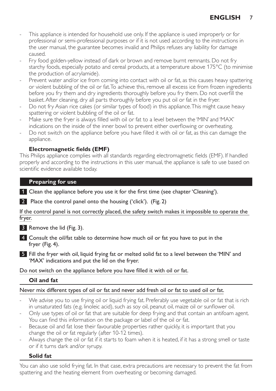 Electromagnetic fields (emf), Preparing for use, Oil and fat | Solid fat | Philips HD6161 User Manual | Page 7 / 108