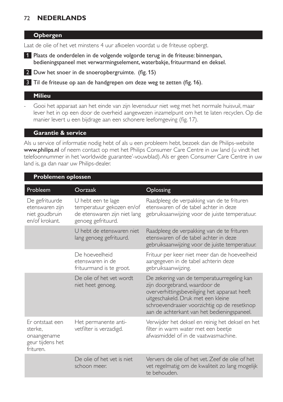 Opbergen, Milieu, Garantie & service | Problemen oplossen | Philips HD6161 User Manual | Page 72 / 108