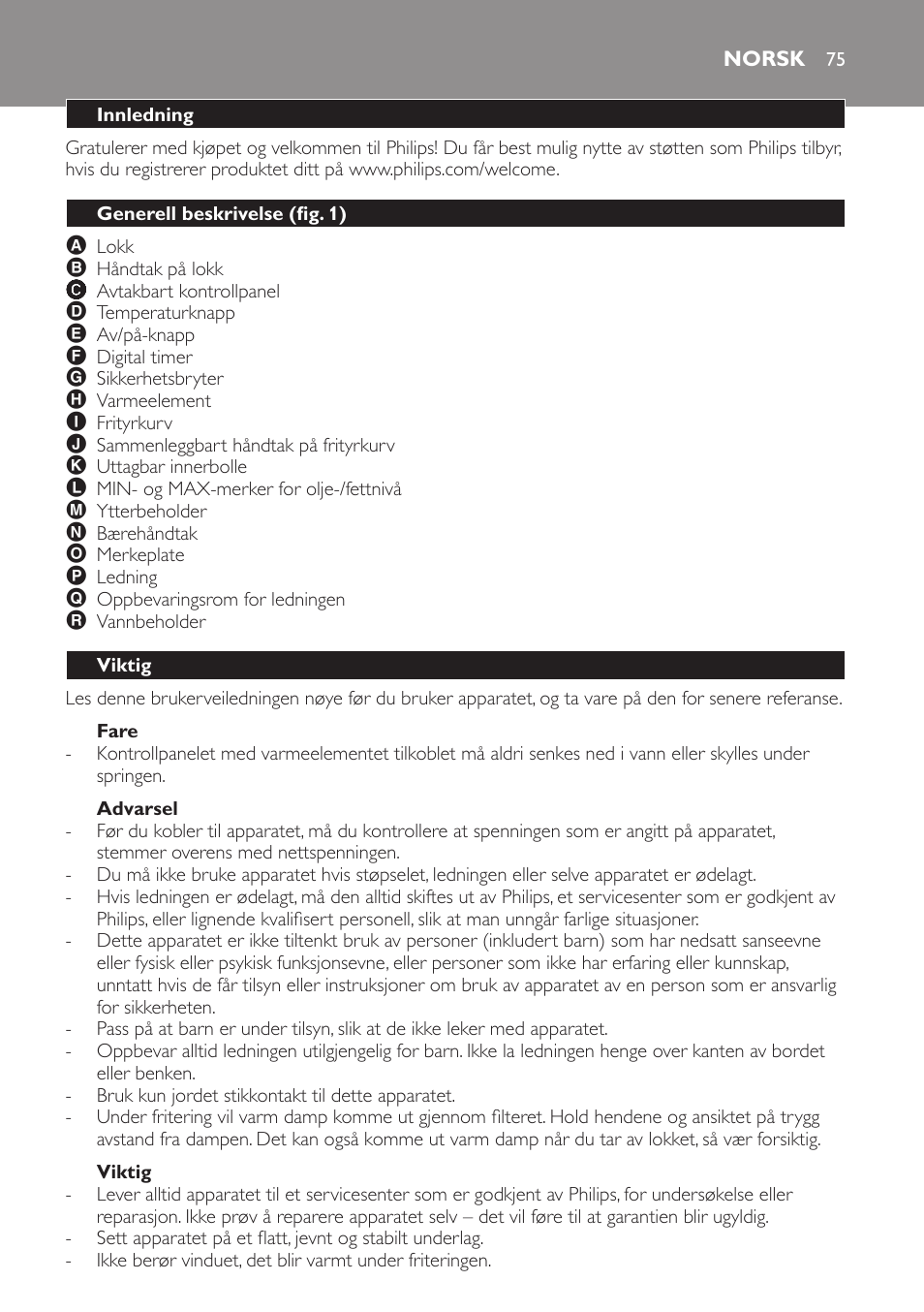 Fare, Advarsel, Viktig | Norsk, Innledning, Generell beskrivelse (fig. 1) | Philips HD6161 User Manual | Page 75 / 108