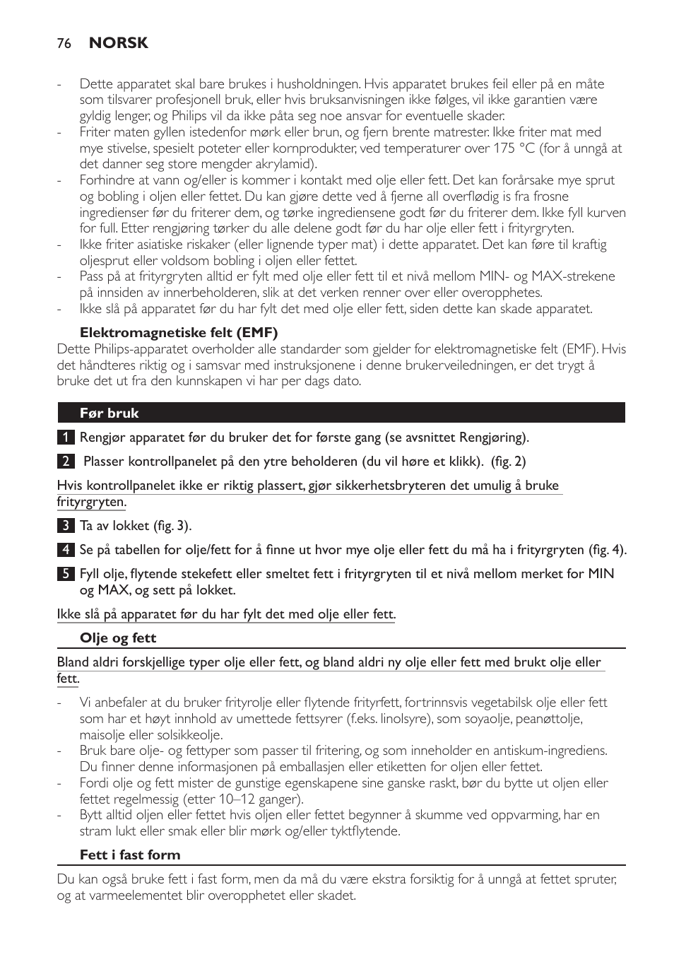 Elektromagnetiske felt (emf), Før bruk, Olje og fett | Fett i fast form | Philips HD6161 User Manual | Page 76 / 108