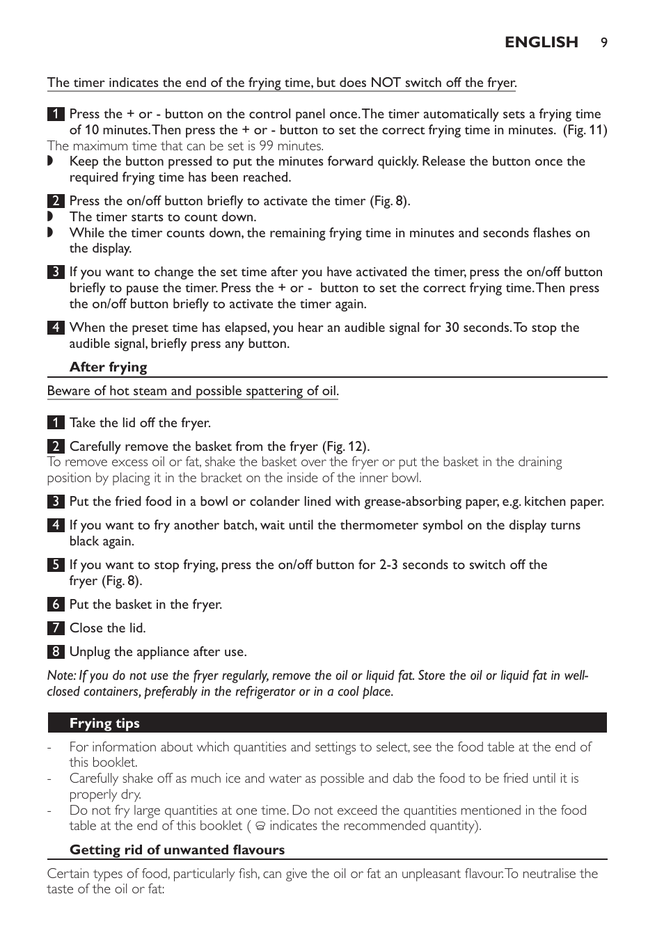 After frying, Frying tips, Getting rid of unwanted flavours | Philips HD6161 User Manual | Page 9 / 108