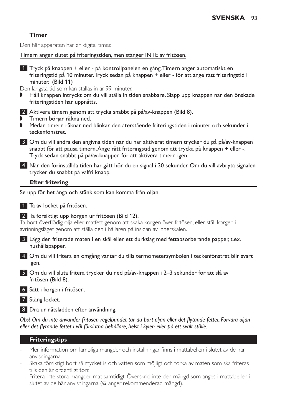 Timer, Efter fritering, Friteringstips | Philips HD6161 User Manual | Page 93 / 108