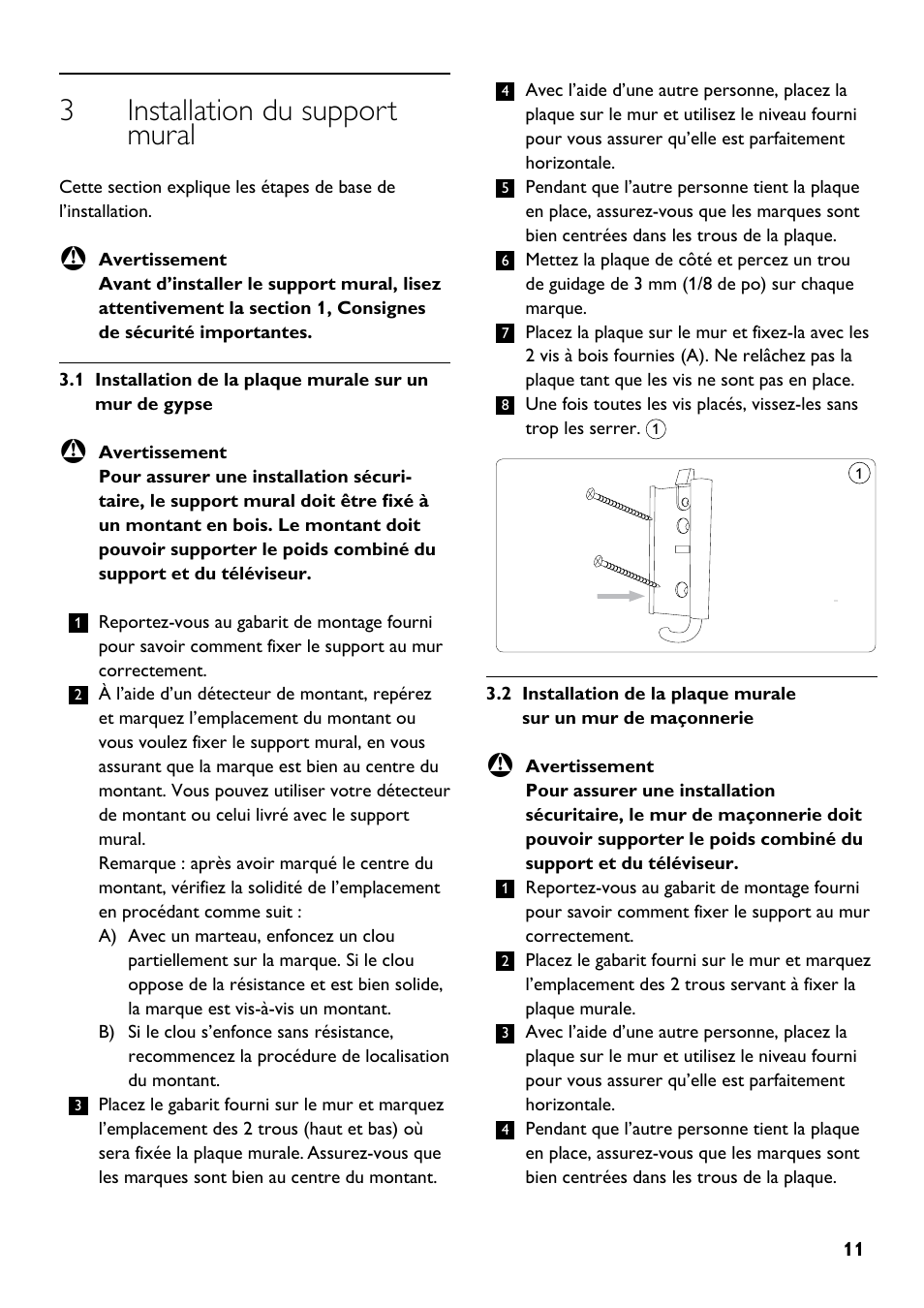 3 installation du support mural | Philips SQM4512 User Manual | Page 11 / 20