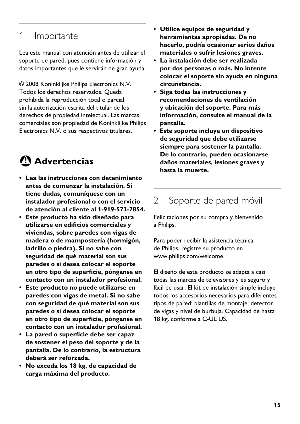 1 importante, 2 soporte de pared móvil, Advertencias | Philips SQM4512 User Manual | Page 15 / 20