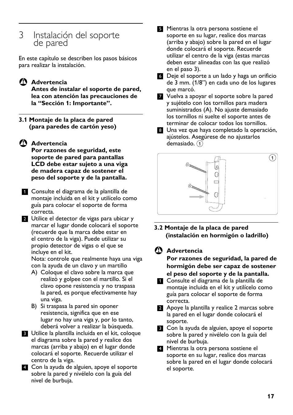 3 instalación del soporte de pared | Philips SQM4512 User Manual | Page 17 / 20