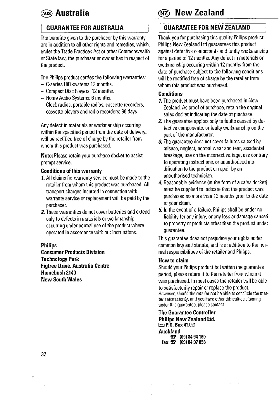 Guarantee for australia, Guarantee for new zealand, Australia new zealand | Philips AW 7760/01 User Manual | Page 10 / 12