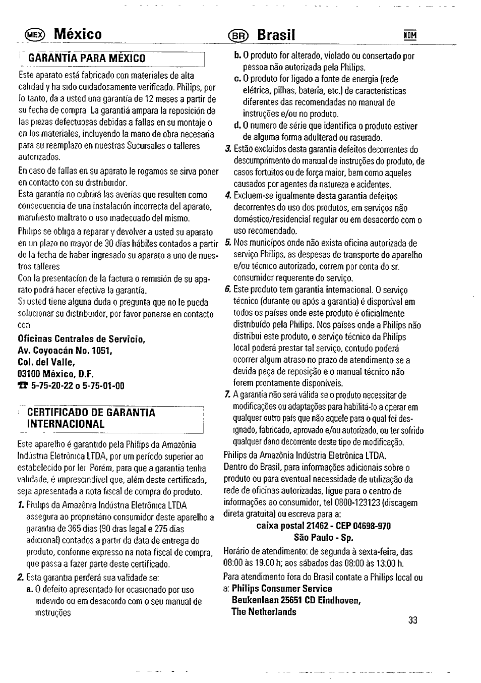 Certificado de garantia internacional, México (в^ brasil, Nom garantia para mexico | Philips AW 7760/01 User Manual | Page 11 / 12