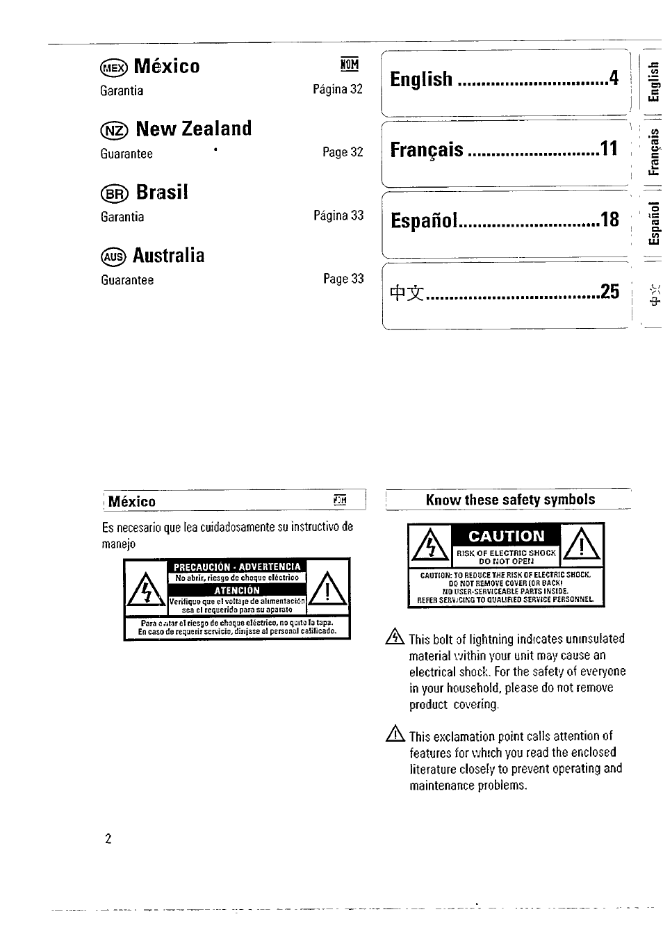 México, Nz) new zealand, В^ brasil | Australia, Know these safety symbols, English, Français, Español ф5 | Philips AW 7760/01 User Manual | Page 2 / 12