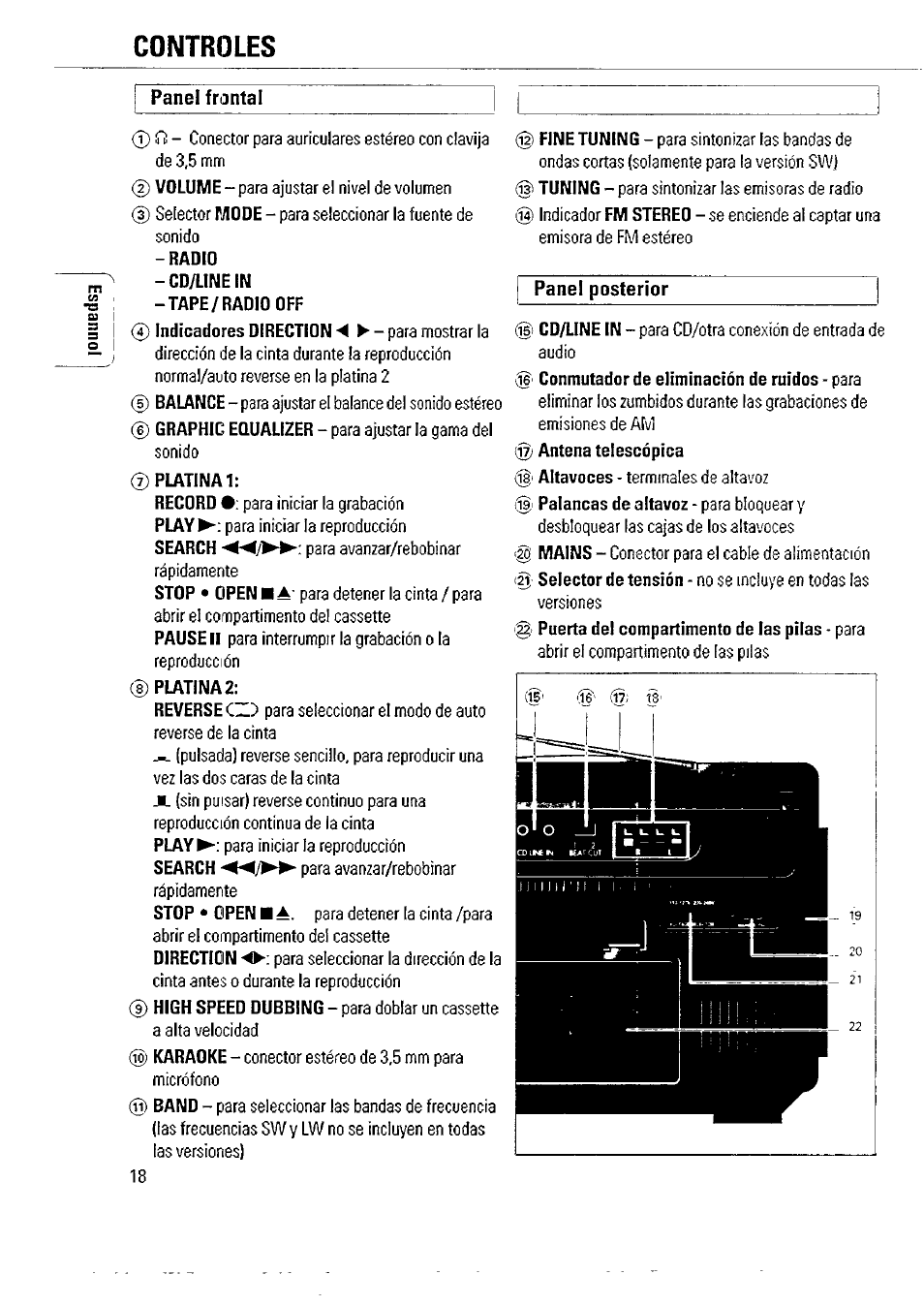 Controles, Panel frontal, Panel posterior | Philips AW 7760/01 User Manual | Page 3 / 12