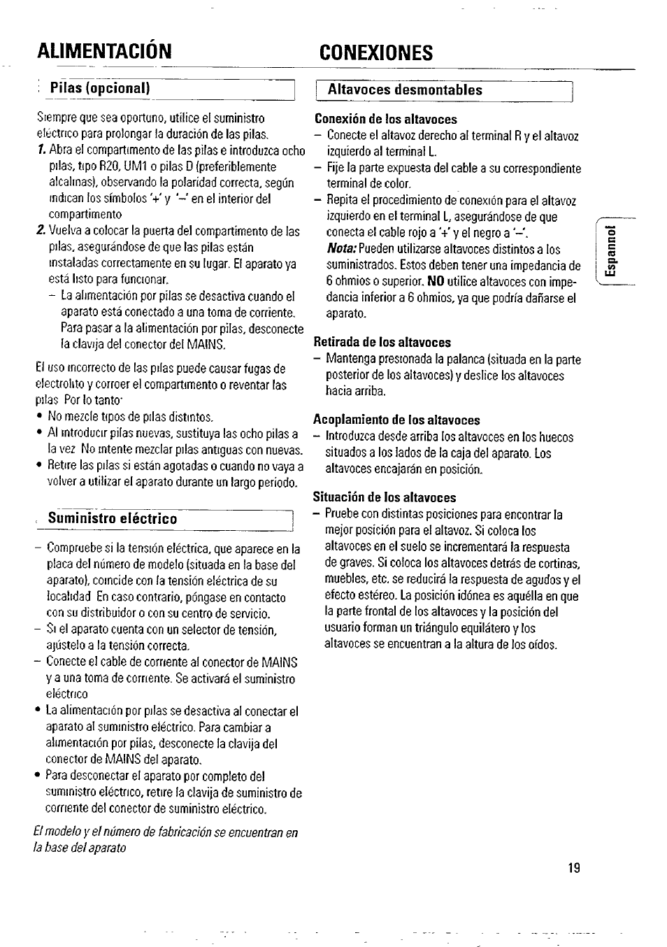 Pilas (opcional), Suministro eléctrico, Alimentacion conexiones | Pilas (opcional) altavoces desmontables | Philips AW 7760/01 User Manual | Page 4 / 12