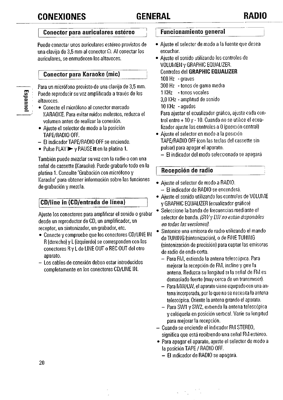 Conector para auriculares estéreo, Conector para karaoke (mic), Funcionamiento general | Conexiones general radio | Philips AW 7760/01 User Manual | Page 5 / 12