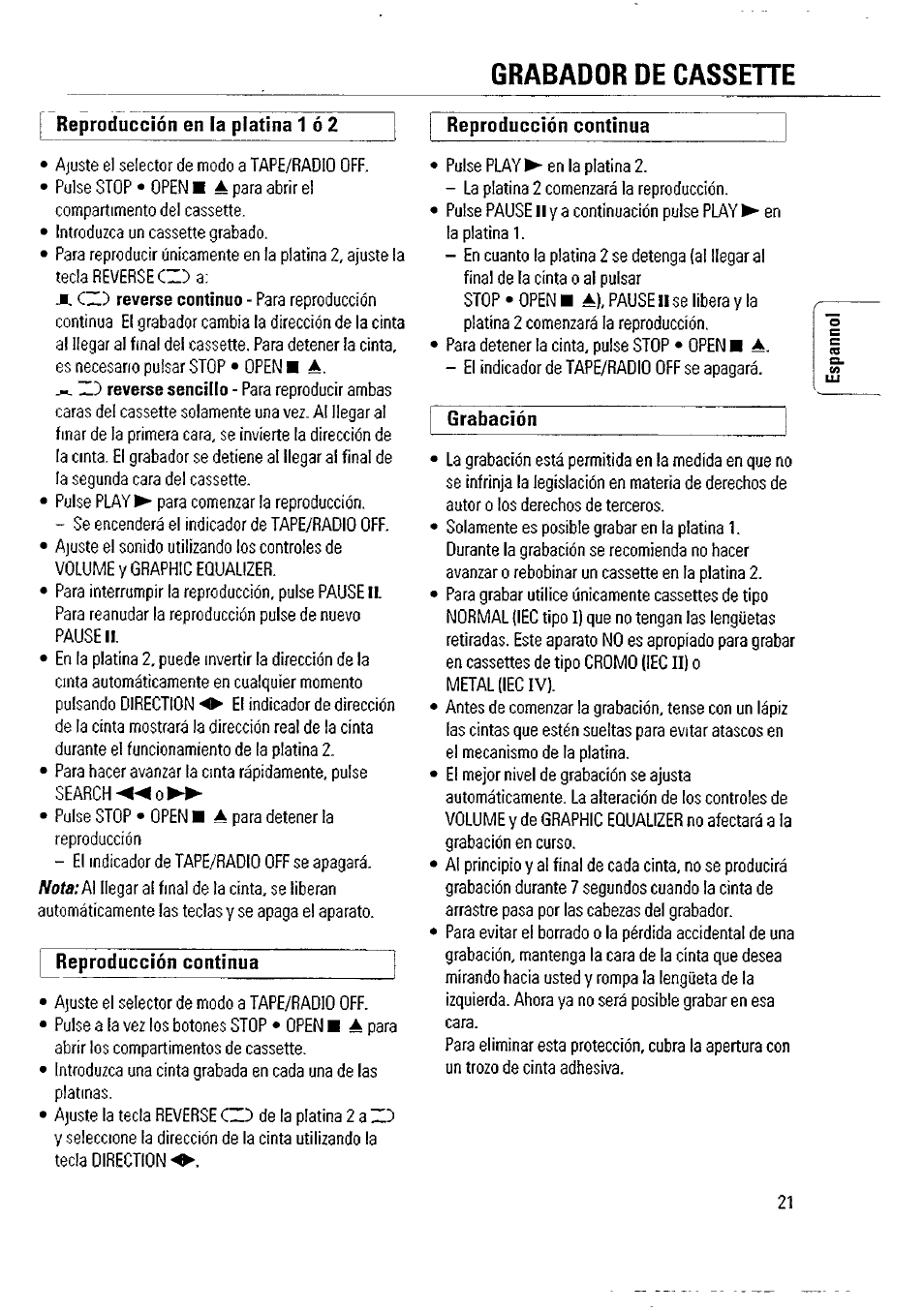 Grabador de cassehe, I reproducción en la platina 16 2 | Philips AW 7760/01 User Manual | Page 6 / 12