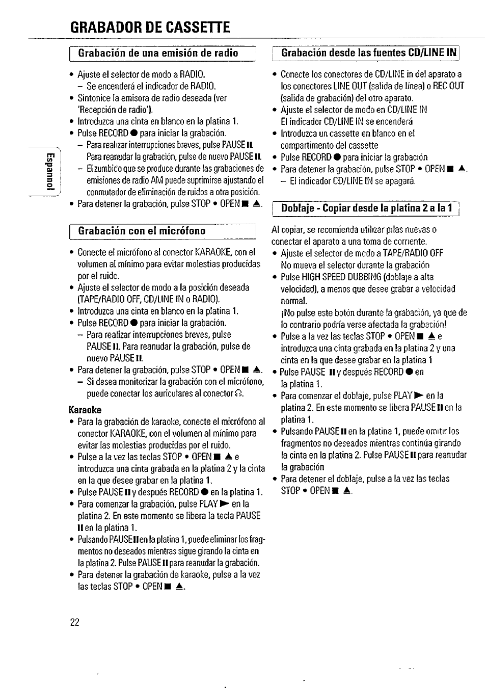 Grabador de cassehe, Grabación de una emisión de radio, Grabación con el micrófono | Grabación desde las fuentes cd/line in, Karaoke, A. 22 | Philips AW 7760/01 User Manual | Page 7 / 12