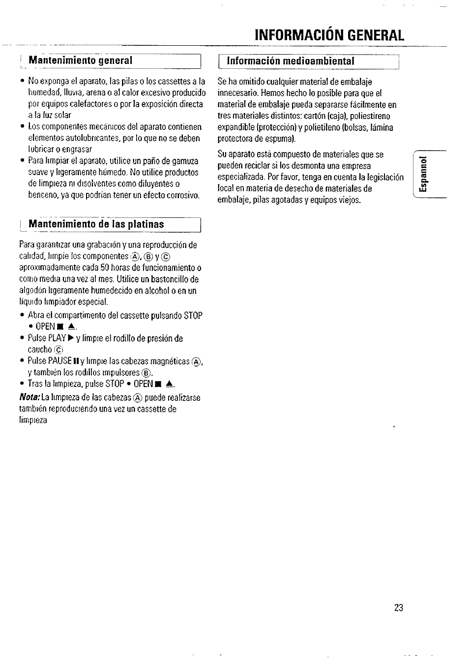 Información medioambiental, Mantenimiento de las platinas, Informacion general | Philips AW 7760/01 User Manual | Page 8 / 12