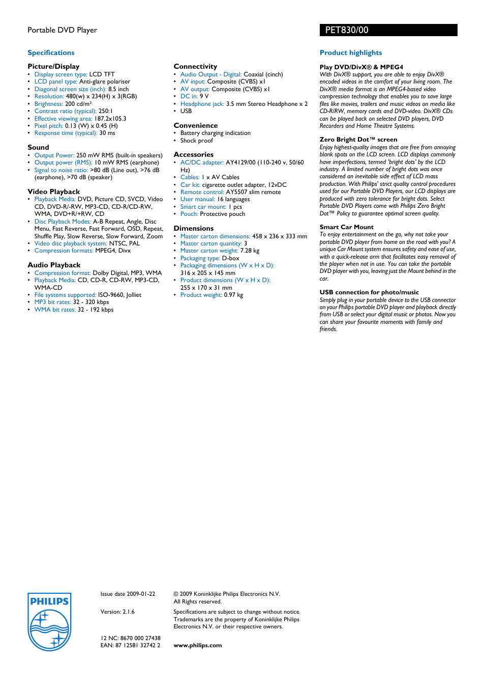 Philips PET830/00 User Manual | Page 2 / 2