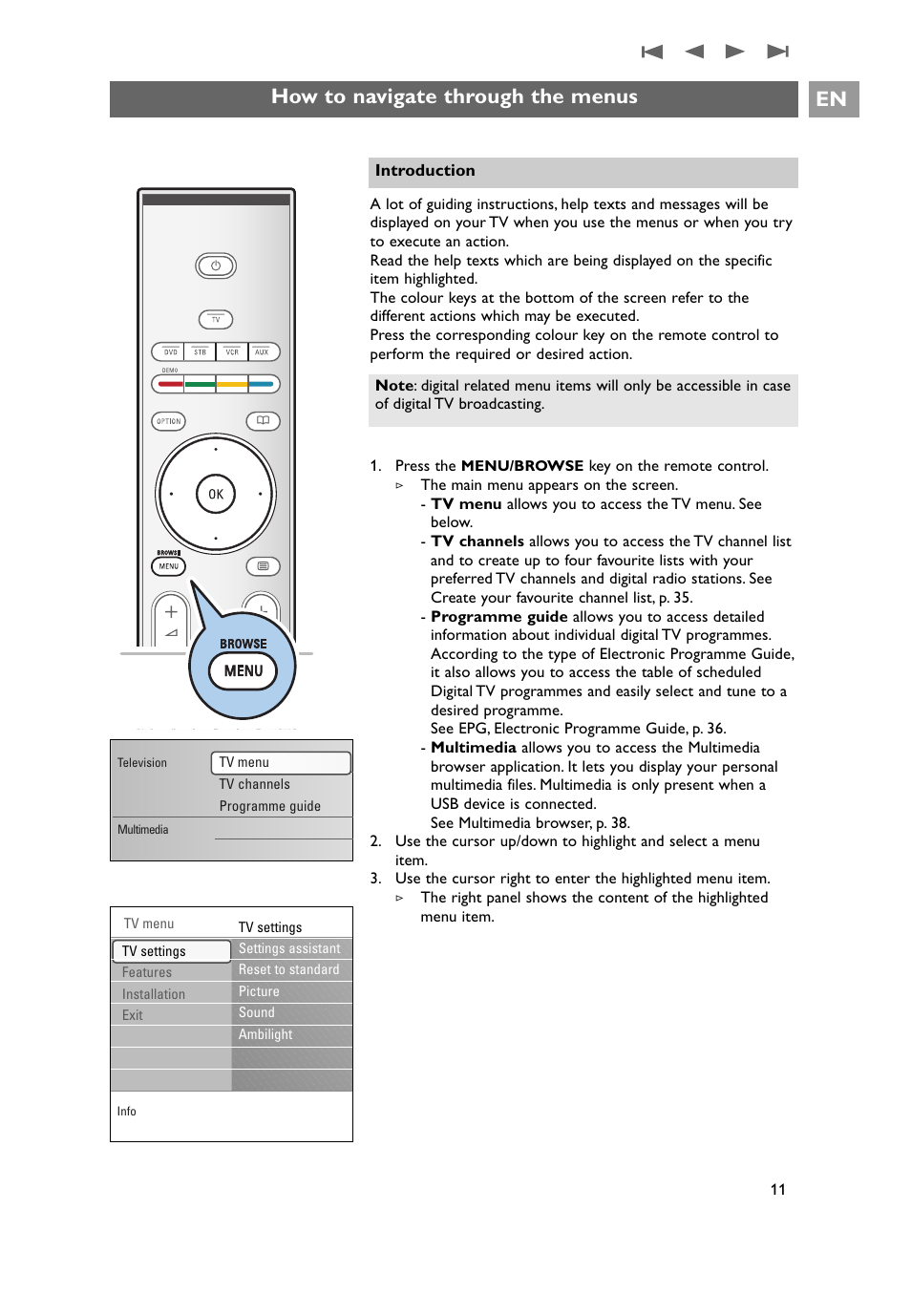 How to navigate through the menus, How to navigate through the menus en | Philips 32PF9641D/10 User Manual | Page 11 / 66