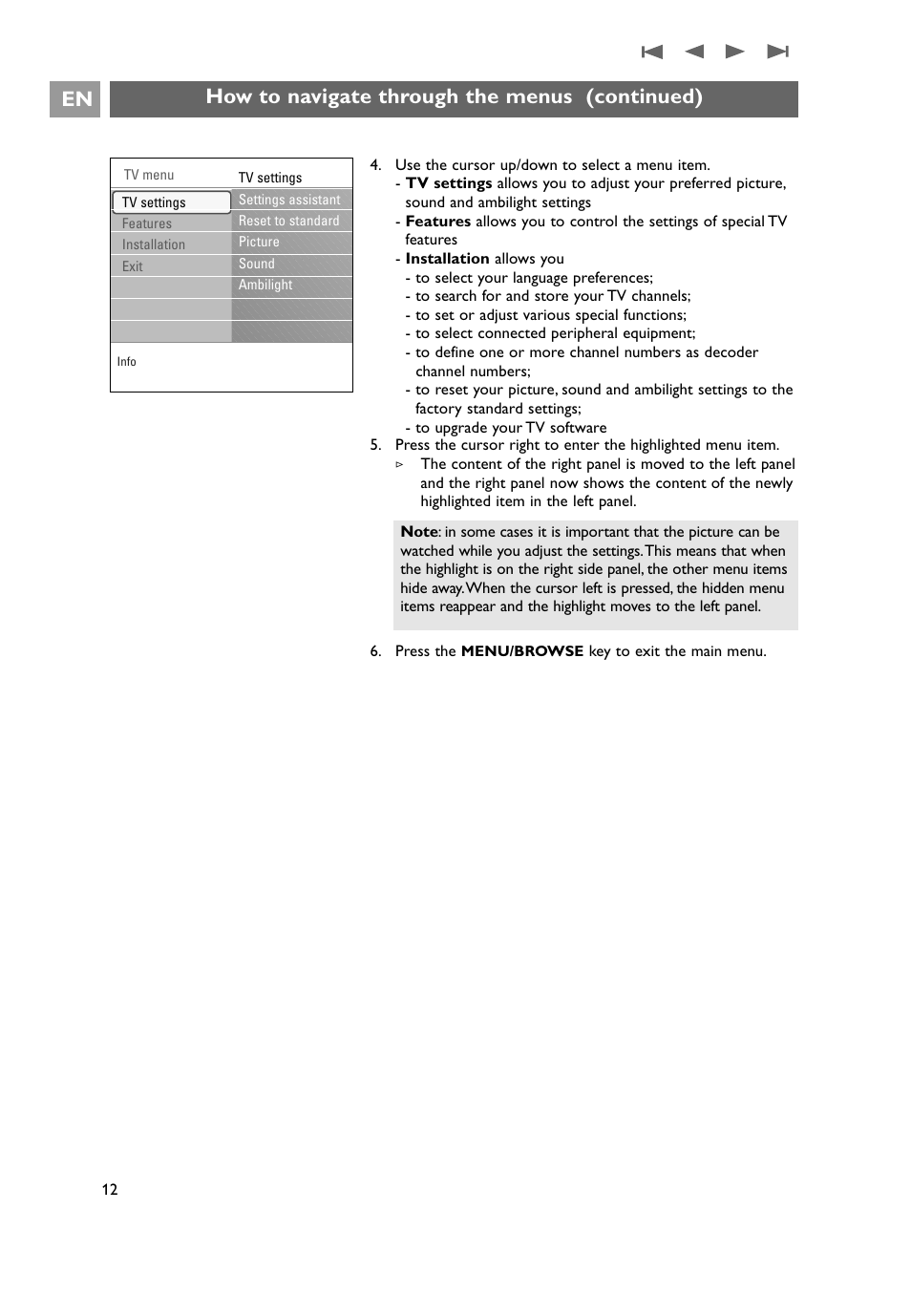 How to navigate through the menus (continued) en | Philips 32PF9641D/10 User Manual | Page 12 / 66