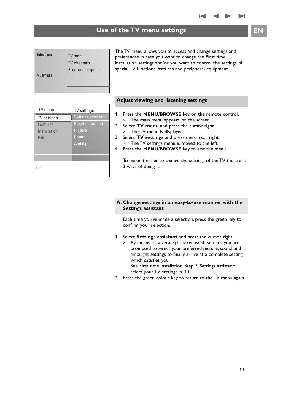 Use of the tv menu settings | Philips 32PF9641D/10 User Manual | Page 13 / 66