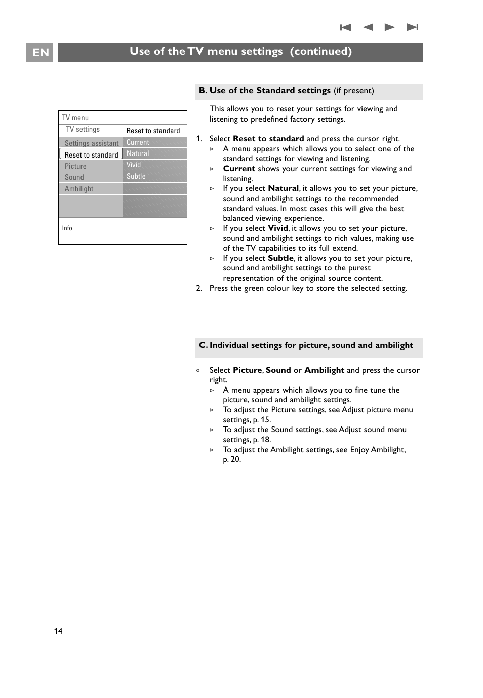 Use of the tv menu settings (continued) | Philips 32PF9641D/10 User Manual | Page 14 / 66