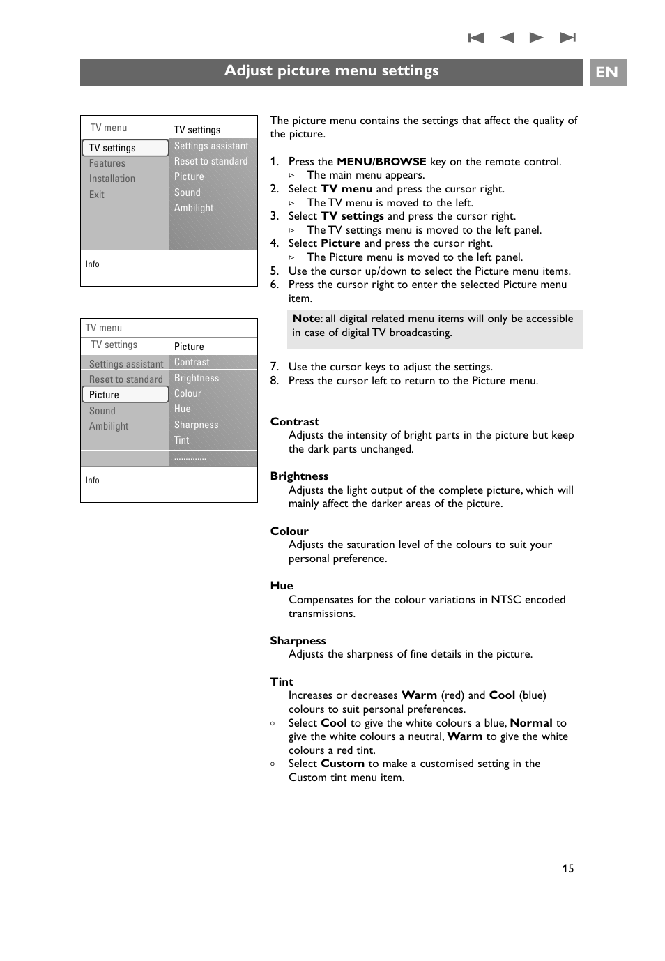 Adjust picture menu settings, Adjust picture menu settings en | Philips 32PF9641D/10 User Manual | Page 15 / 66