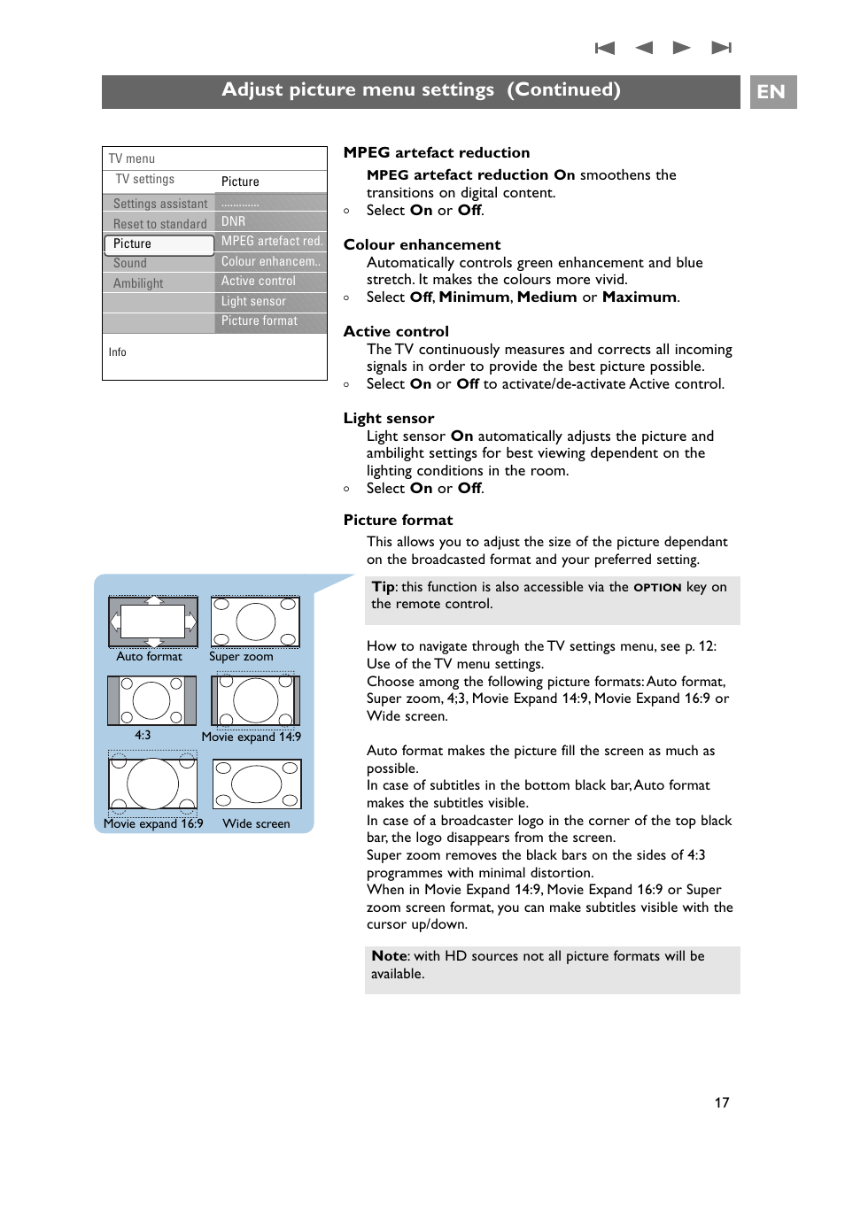 Adjust picture menu settings (continued) en | Philips 32PF9641D/10 User Manual | Page 17 / 66