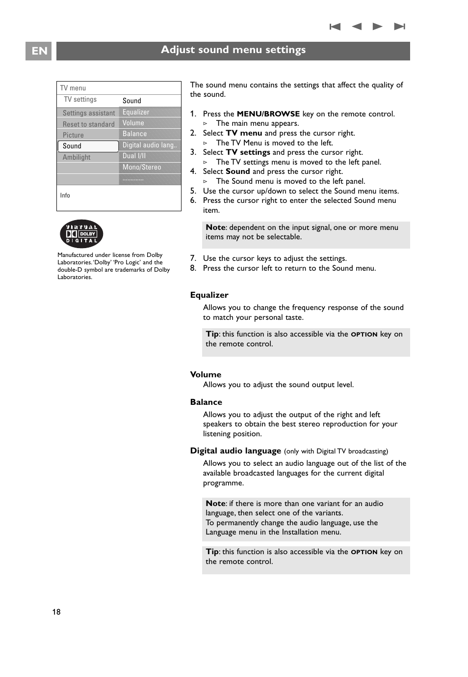 Adjust sound menu settings | Philips 32PF9641D/10 User Manual | Page 18 / 66