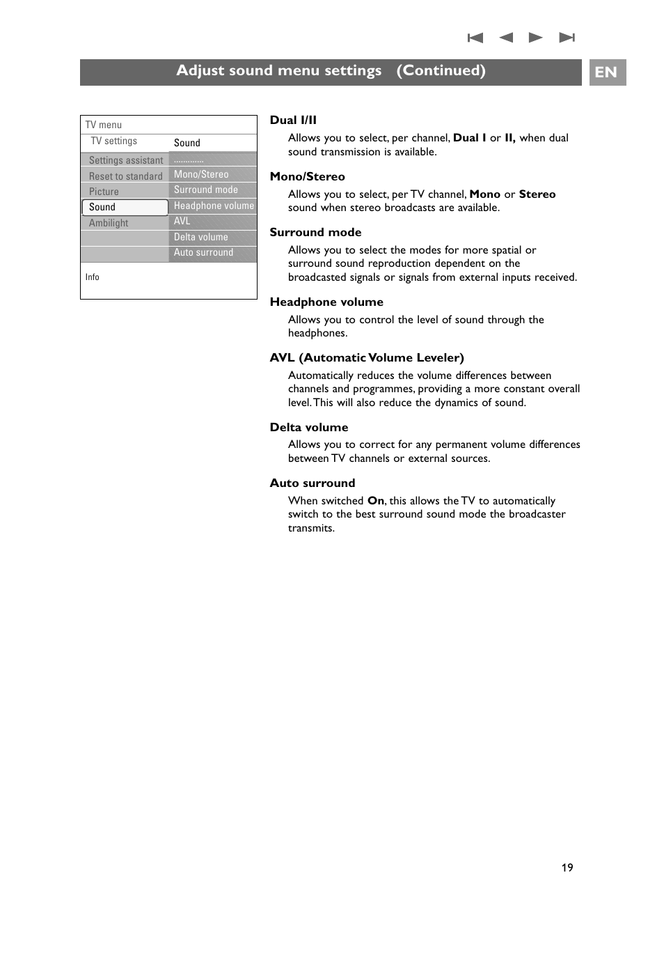 Adjust sound menu settings (continued) en | Philips 32PF9641D/10 User Manual | Page 19 / 66