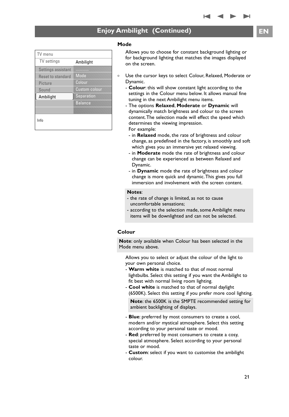 Enjoy ambilight (continued) en | Philips 32PF9641D/10 User Manual | Page 21 / 66