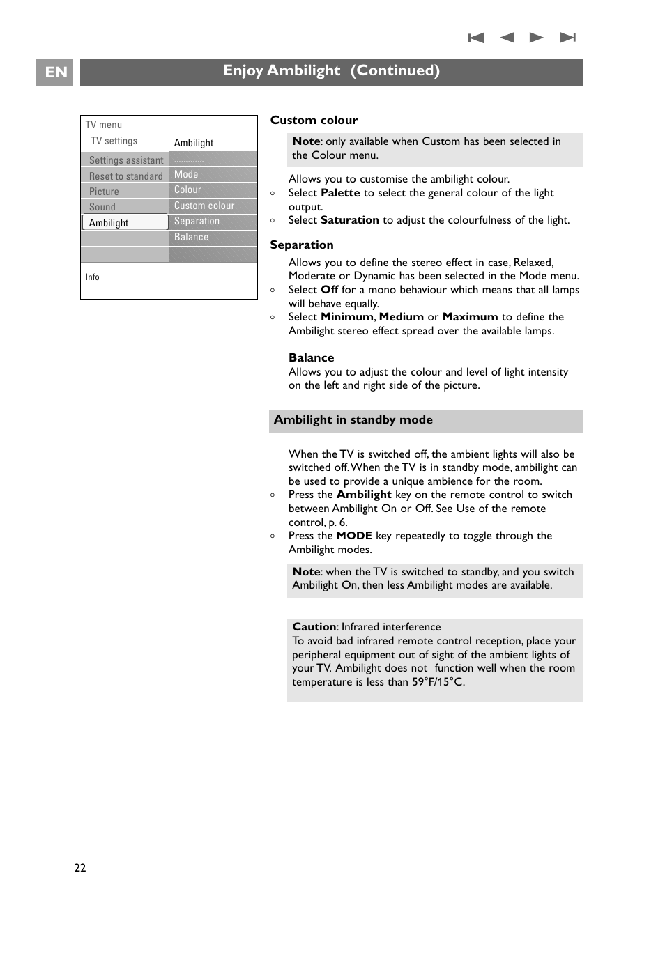 Enjoy ambilight (continued) en | Philips 32PF9641D/10 User Manual | Page 22 / 66