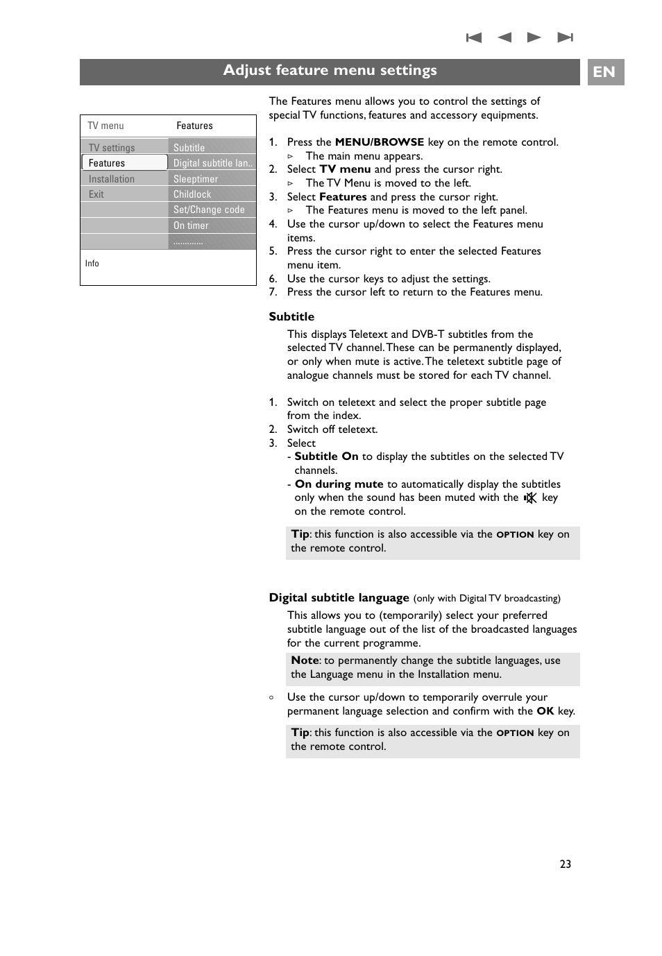 Adjust feature menu settings, Adjust feature menu settings en | Philips 32PF9641D/10 User Manual | Page 23 / 66