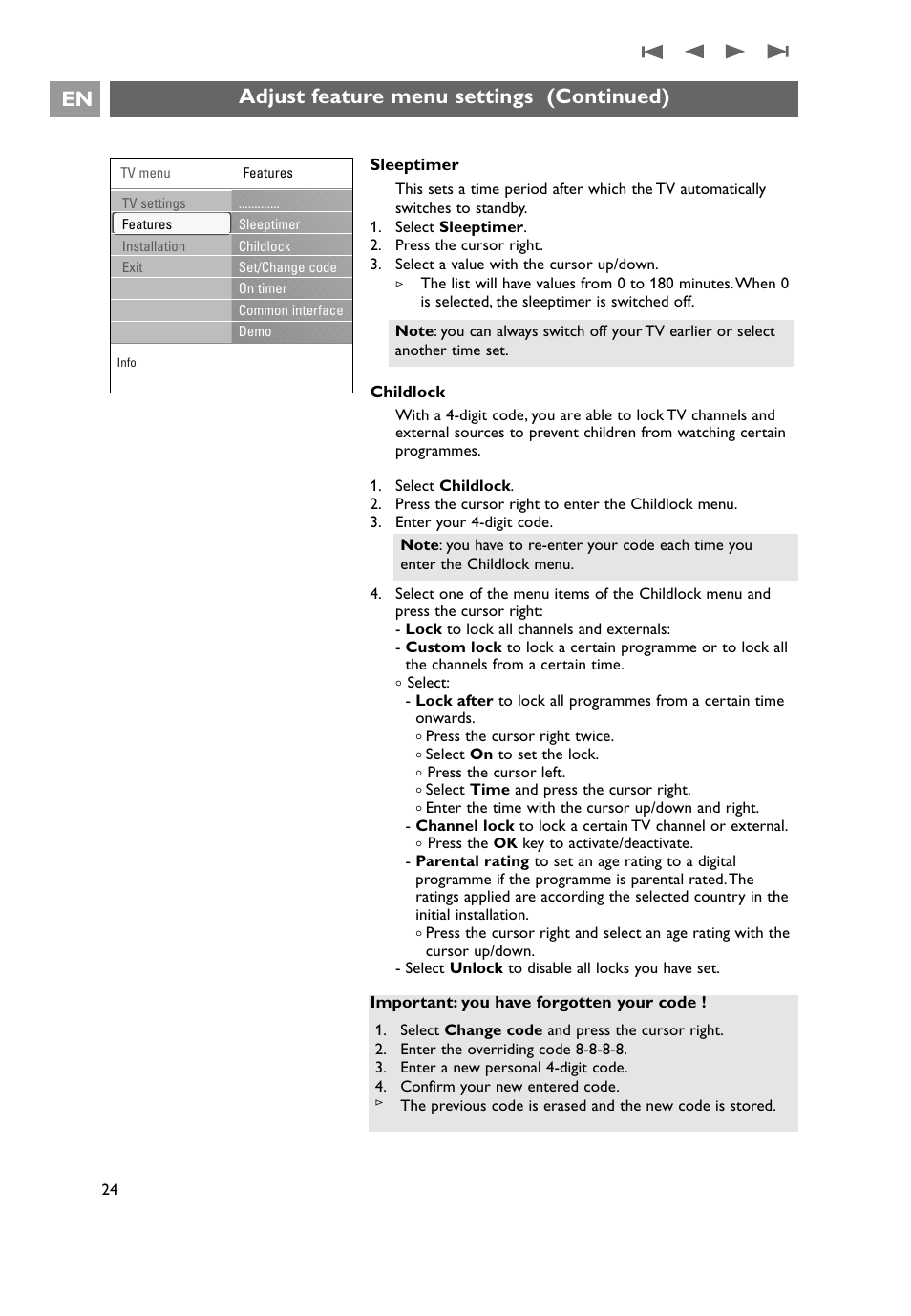 Adjust feature menu settings (continued) en | Philips 32PF9641D/10 User Manual | Page 24 / 66