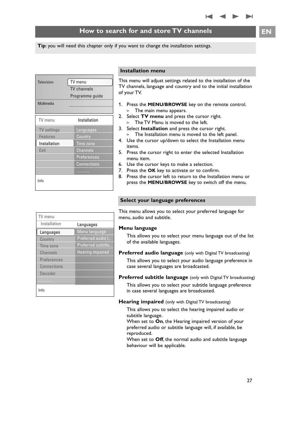 Search for and store tv channels, How to search for and store tv channels en | Philips 32PF9641D/10 User Manual | Page 27 / 66