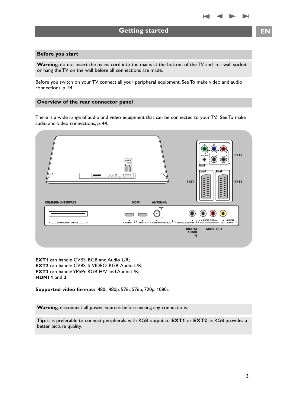 Getting started, Getting started en, Can handle cvbs, rgb and audio l/r | Can handle cvbs, s-video, rgb, audio l/r, Can handle ypbpr, rgb h/v and audio l/r, Ext1, Ext2, Ext3, Hdmi 1 | Philips 32PF9641D/10 User Manual | Page 3 / 66