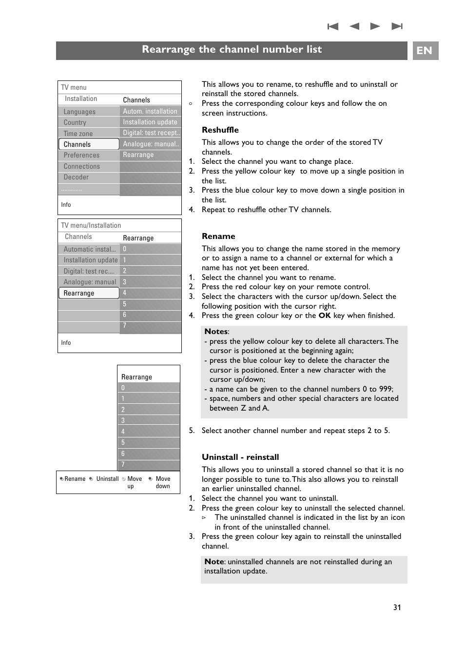 Rearrange the channel number list, Rearrange the channel number list en | Philips 32PF9641D/10 User Manual | Page 31 / 66