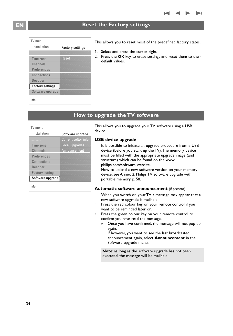 Reset the factory settings en, How to upgrade the tv software | Philips 32PF9641D/10 User Manual | Page 34 / 66