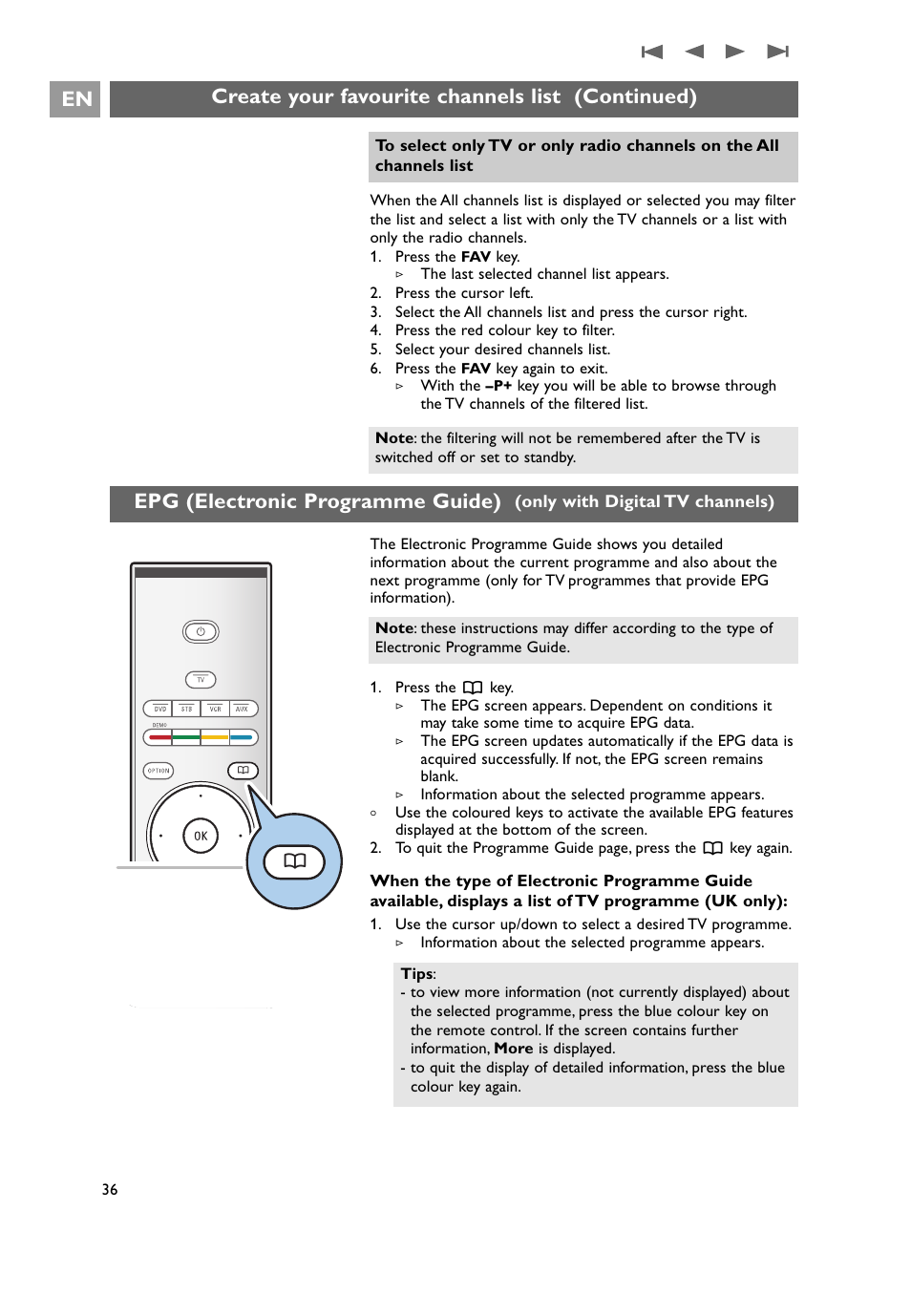 Epg (electronic programme guide), Create your favourite channels list (continued) en | Philips 32PF9641D/10 User Manual | Page 36 / 66