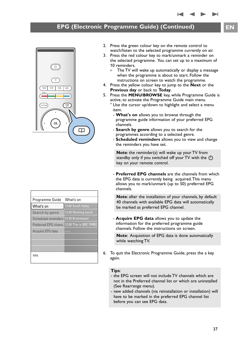 Epg (electronic programme guide) (continued) en | Philips 32PF9641D/10 User Manual | Page 37 / 66