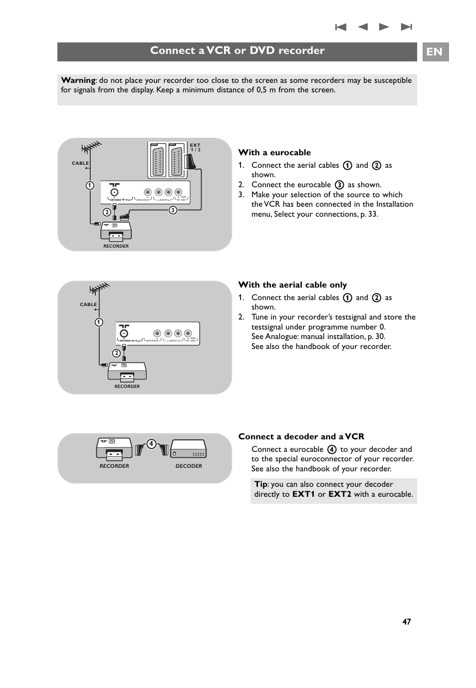 A vcr or dvd recorder, Connect a vcr or dvd recorder, With a eurocable | With the aerial cable only, Connect a decoder and a vcr | Philips 32PF9641D/10 User Manual | Page 47 / 66